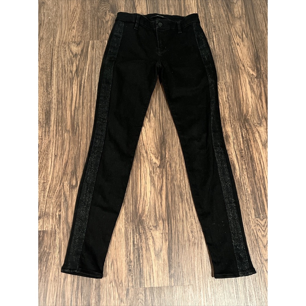 J Brand Women's Pencil Jeans Size 27 Black/Glitter Line Mid Rise Denim